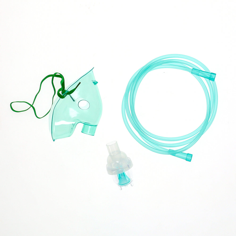 The BodyMed Reusable Adult Nebulizer Kit with Mask includes a green oxygen mask, elastic strap, clear nebulizer chamber, and long transparent tube—arranged on a white background for effective respiratory therapy.