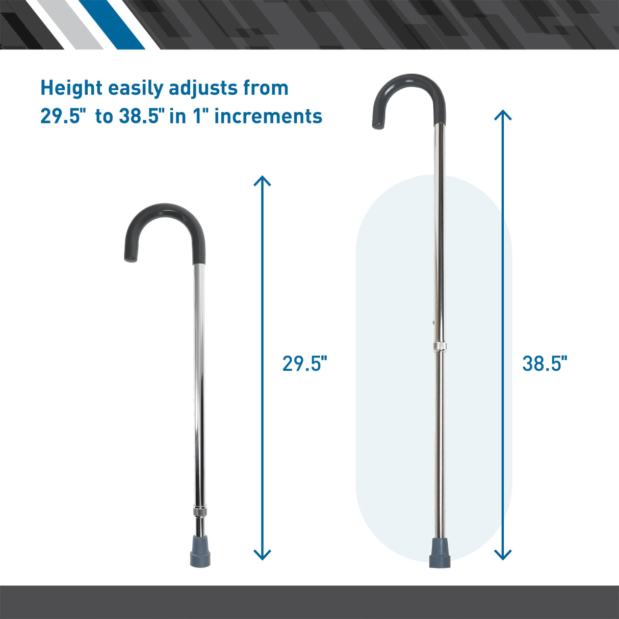 The BodyMed Round Handle Cane by BodyMed is shown with a curved handle and vinyl handgrip, adjustable from 29.5 to 38.5 inches in 1-inch increments.