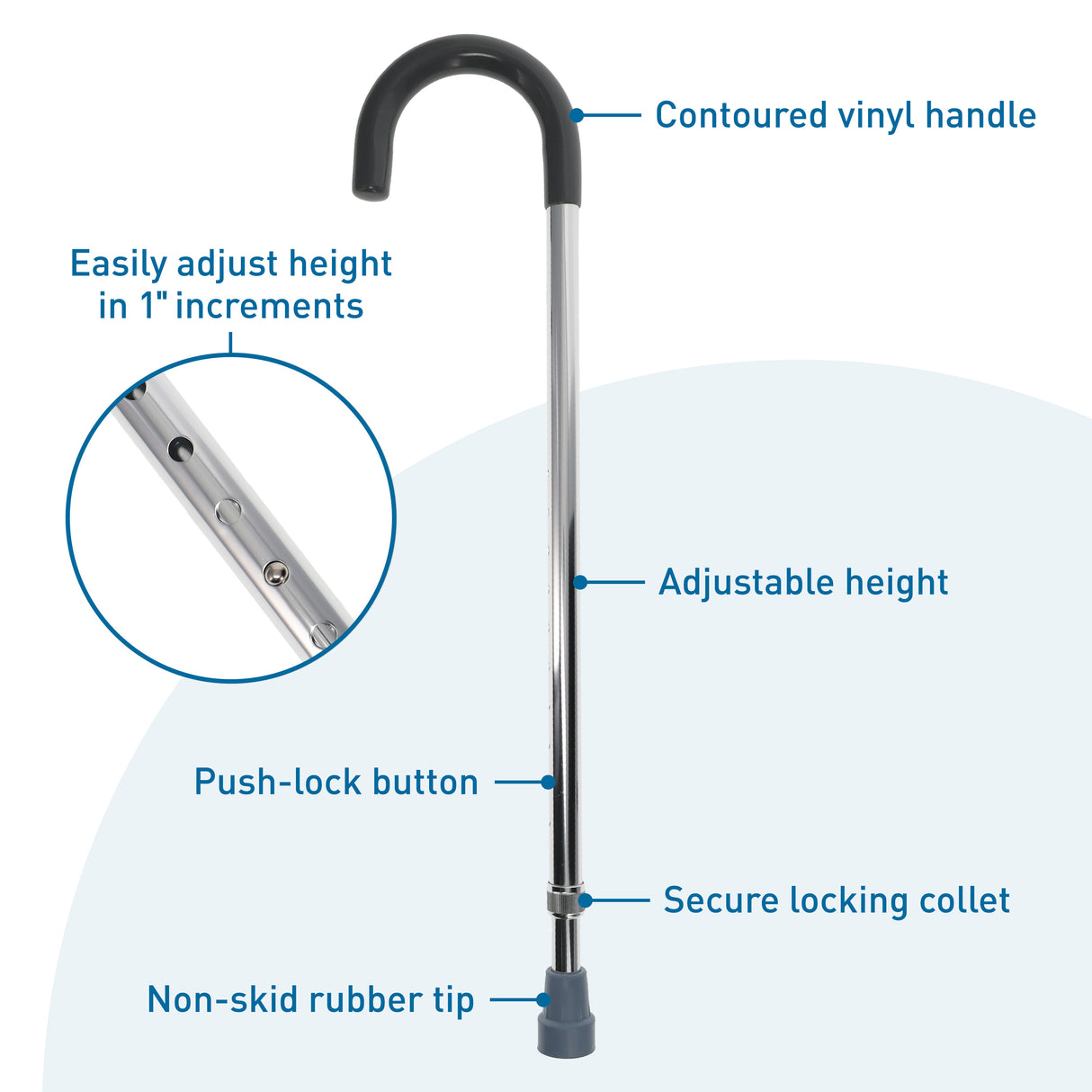 The BodyMed Round Handle Cane is an aluminum cane with adjustable height, a contoured vinyl handgrip, secure locking collet, push-lock button, and a nonskid rubber tip.