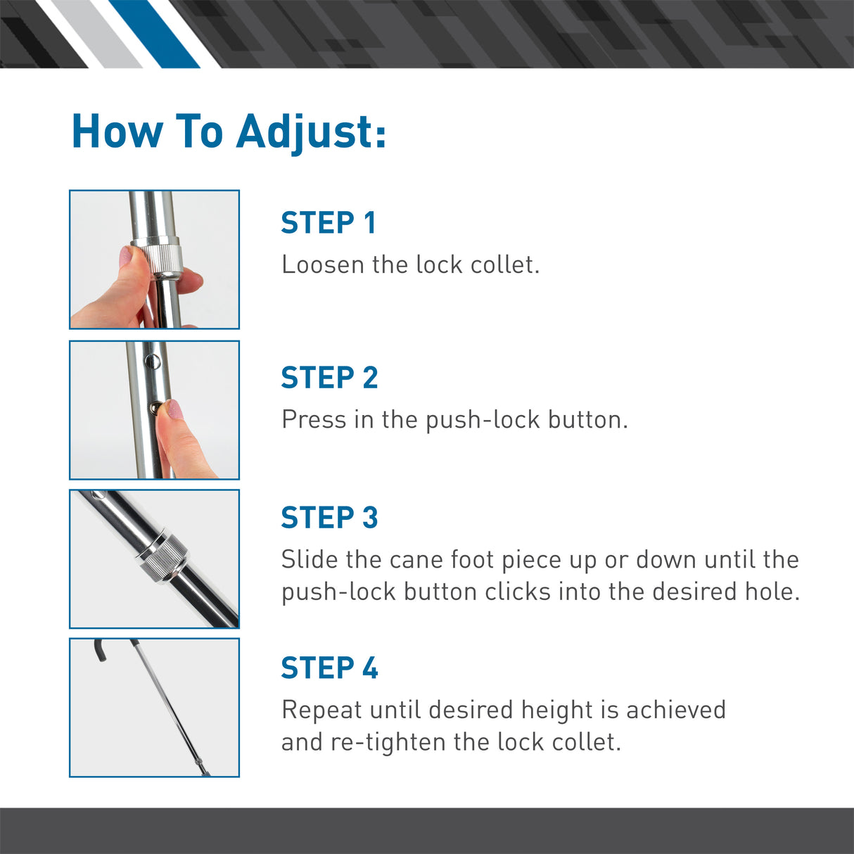 Instructional graphic for the BodyMed Round Handle Cane, Aluminum, Adjustable Height: Loosen the lock collet, press the push-lock button, slide cane to desired height until it clicks, then re-tighten the lock collet. Brand: BodyMed.