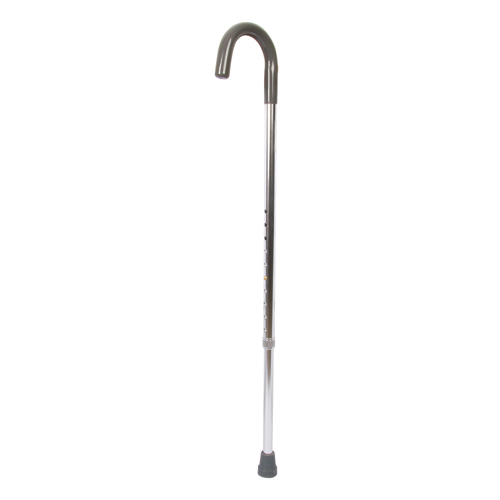 The BodyMed Round Handle Cane is an aluminum walking cane with adjustable height, a black curved vinyl handgrip, and a nonskid rubber tip, shown standing upright against a white background.