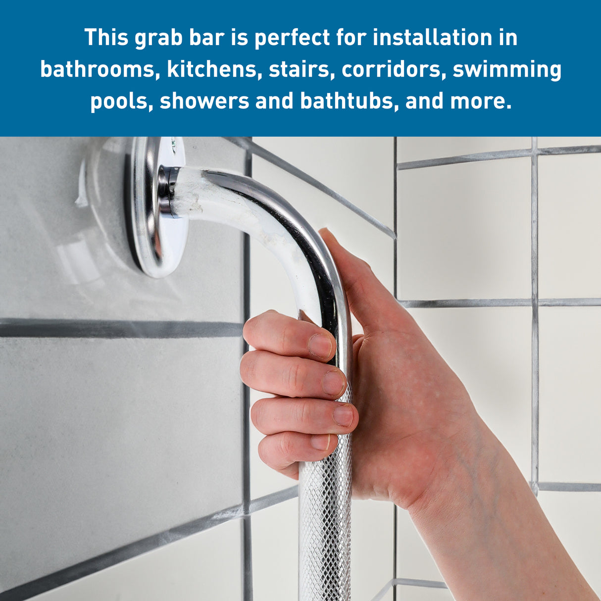 A person grips the BodyMed Wall Grab Bar, Chrome Plated Steel by BodyMed, mounted on a tiled wall; text notes its ideal for bathrooms, kitchens, stairs, corridors, pools, showers, bathtubs, and more.