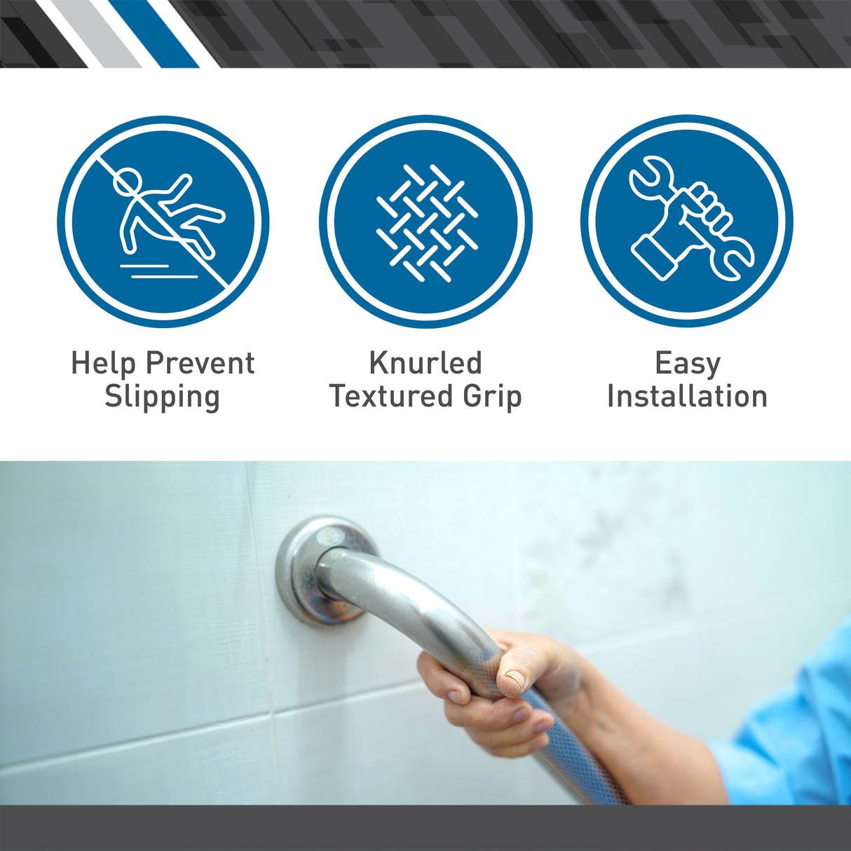 Graphic with icons and text for Help Prevent Slipping, Knurled Textured Grip, and Easy Installation above a photo of a hand holding the BodyMed Wall Grab Bar, Chrome Plated Steel by BodyMed on a tiled wall.