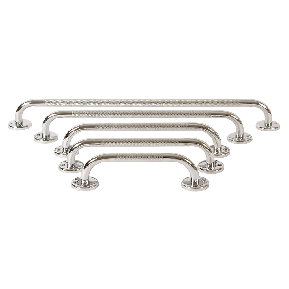 Five BodyMed Wall Grab Bars, chrome plated steel, are arranged side by side on a white background, each with round mounting plates at both ends for secure and stylish support.
