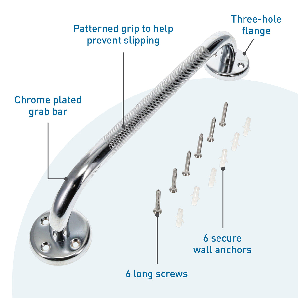 The BodyMed Wall Grab Bar, Chrome Plated Steel, features a patterned grip, three-hole flange, and comes with 6 long screws and 6 wall anchors. Shown on a white and blue background with labeled features. Brand: BodyMed.
