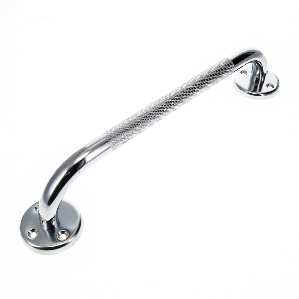 The BodyMed Wall Grab Bar, Chrome Plated Steel, features a textured grip and two round mounting plates for wall installation, providing added safety and support in bathrooms.