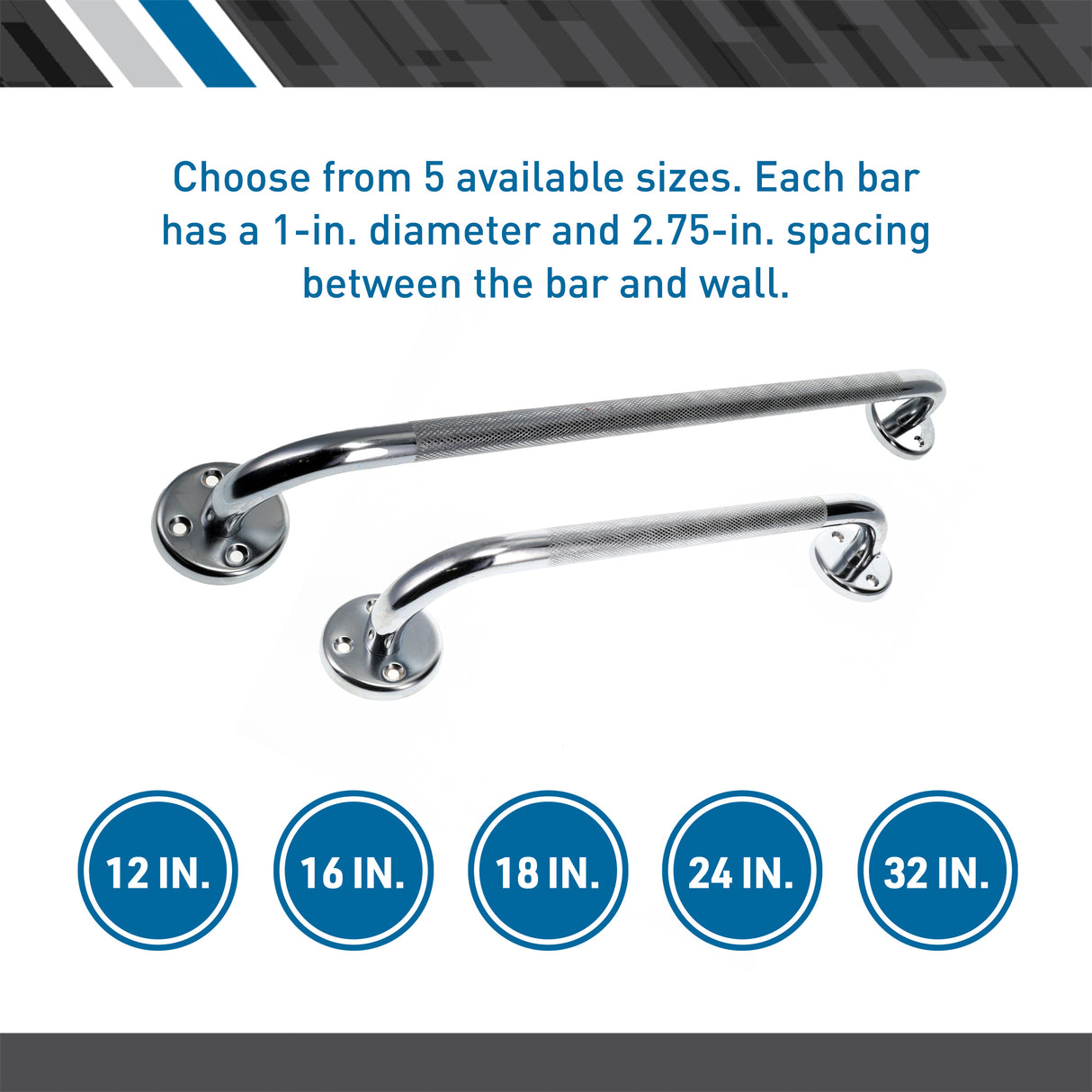 Two BodyMed Wall Grab Bars in chrome plated steel are shown on a white background. Blue circles display lengths: 12, 16, 18, 24, and 32. Text above lists diameter and wall spacing. Brand: BodyMed.