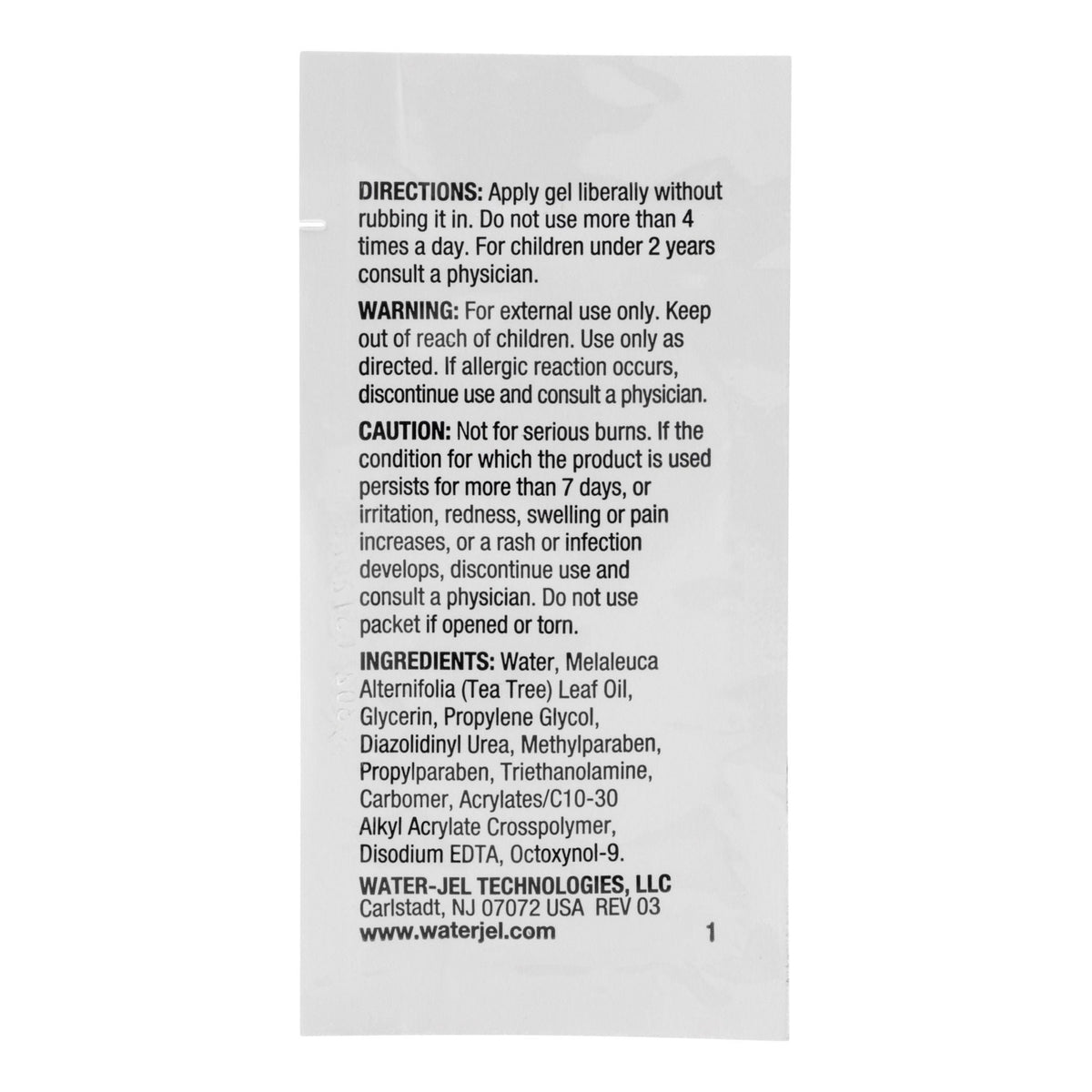 Water Jel Cool Jel, Burn Relief Topical Gel, Tea Tree Oil, Glycerin, 3.5 Gram Packet - CJ25-600.00.000 - LL Medico