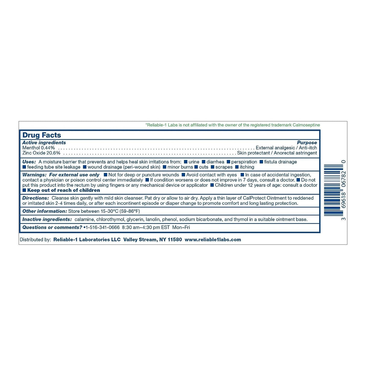 White label with blue border showing drug facts and usage for CalProtect Skin Protectant Ointment by Reliable-1, containing pramoxine hydrochloride and zinc oxide, with directions, warnings, active ingredients, and distributor info.