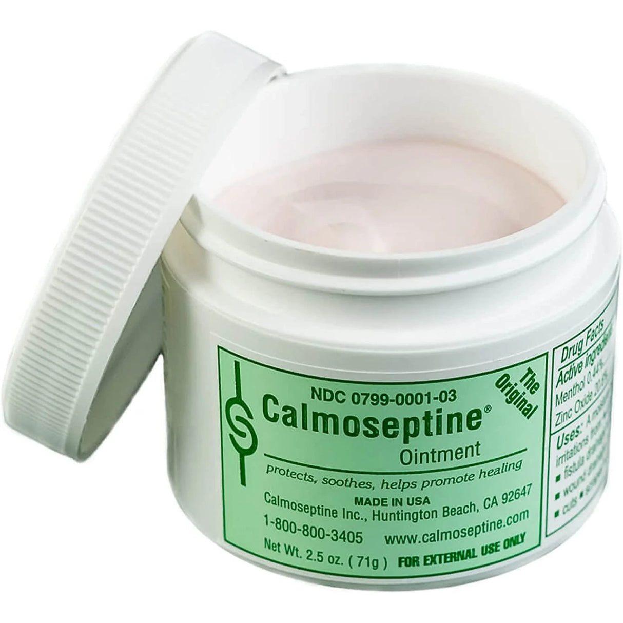 An open jar of Calmoseptine Skin Protectant Ointment, Scented by Calmoseptine reveals pink cream inside. The white container features a green label detailing benefits and manufacturer info for skin irritation relief and diaper rash care.