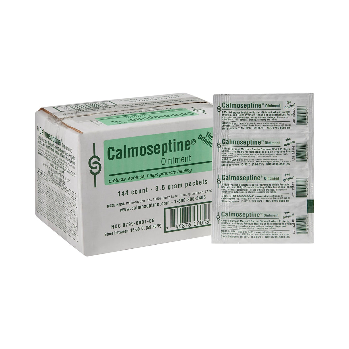 A box of Calmoseptine Skin Protectant Ointment, Scented by Calmoseptine with green and white packaging is displayed beside four 3.5g packets. This ointment helps protect, soothe, and support healing for skin irritation relief.