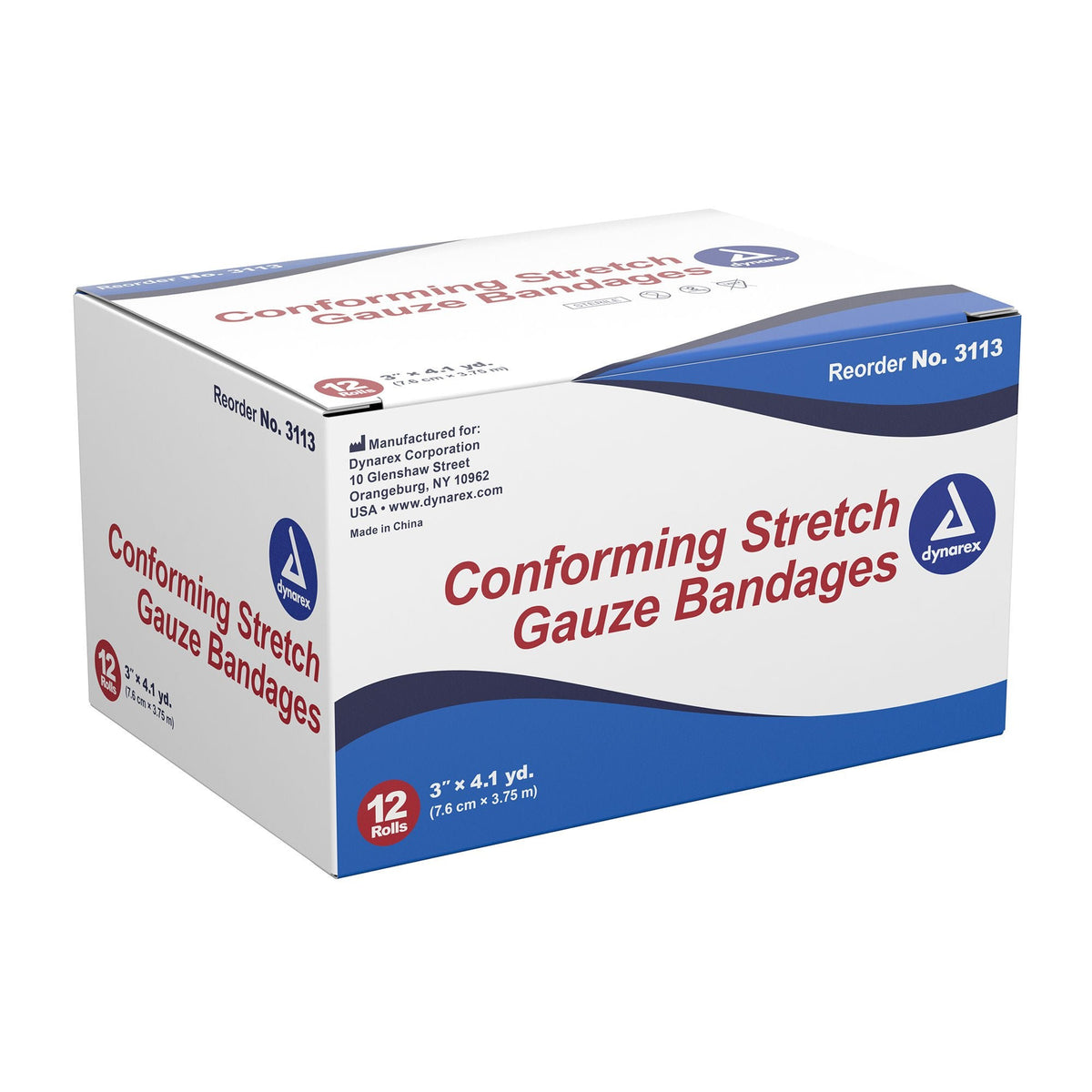 Dynarex Conforming Stretch Gauze Bandage, Sterile, 3" x 4.1 yds, White, Polyester - DYN3113 - LL Medico