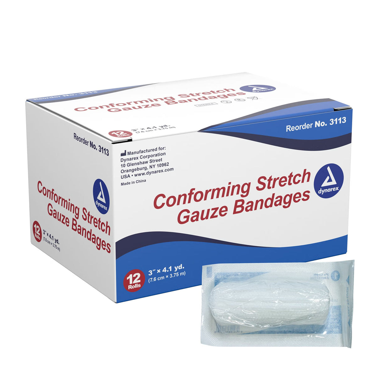 Dynarex Conforming Stretch Gauze Bandage, Sterile, 3" x 4.1 yds, White, Polyester - DYN3113 - LL Medico