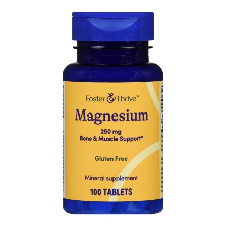 A blue bottle of Foster & Thrive Magnesium Supplement (250 mg), for bone, muscle support, and energy production; gluten free, 100 tablets, with a blue cap and yellow background.