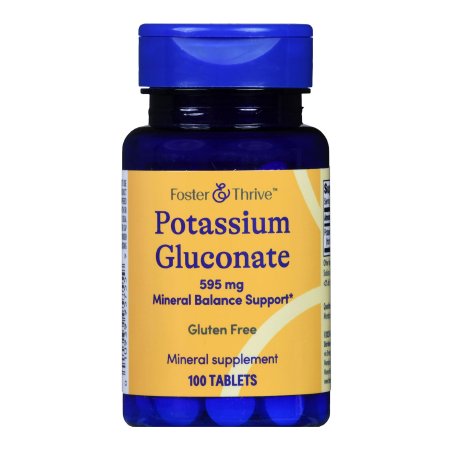 A blue bottle of Foster & Thrive Potassium Gluconate Dietary Supplement, 595 mg, gluten-free, for mineral balance and muscle cramp relief, includes 100 tablets.