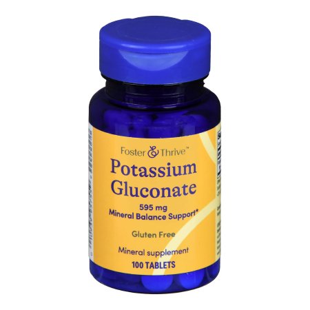 A blue bottle of Foster & Thrive Potassium Gluconate Dietary Supplement, 595 mg, gluten free, supports mineral balance and relieves muscle cramps; contains 100 tablets.
