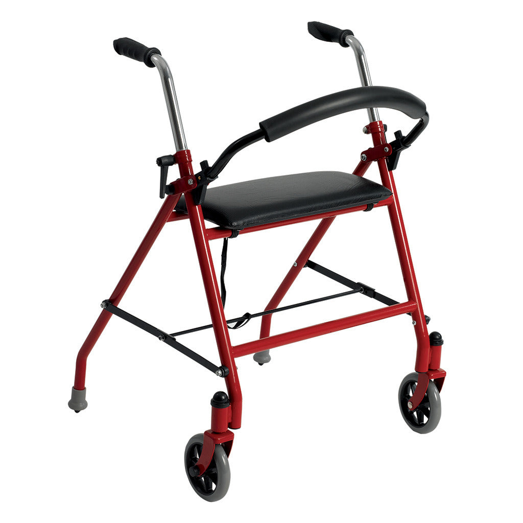The Drive Adult Dual Release Folding Walker w/ Front Wheels features large swivel wheels, a padded seat and backrest, curved frame, and black rubber handles. Designed by Drive to assist walking and offer a comfortable, portable resting seat.