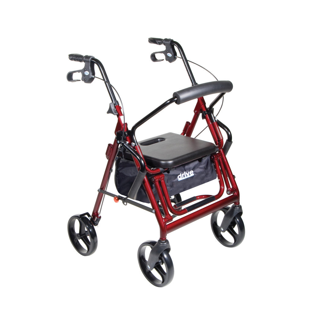 The Drive Duet Rollator/Transport Chair by Drive features 8 casters, black handlebars with hand brakes, a padded seat, and a storage bag beneath the seat.