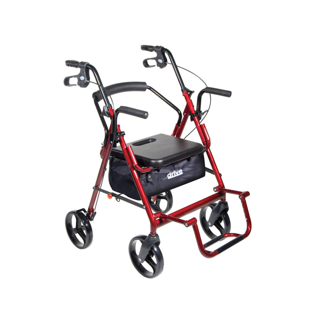 The Drive Duet Rollator/Transport Chair by Drive is a red mobility aid with 8 black wheels, padded seat, storage pouch, handlebars with brakes, and foldable footrest—a versatile solution for comfort and support.