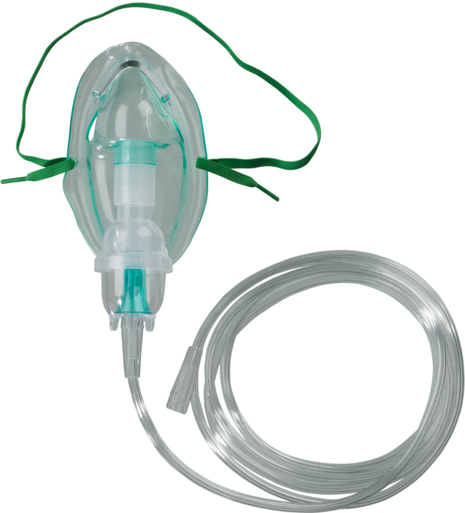 The Drive Nebulizer Mask and Tubing Kit features a clear adult aerosol mask with green straps, a transparent tube, and a small volume medication cup, shown against a white background.