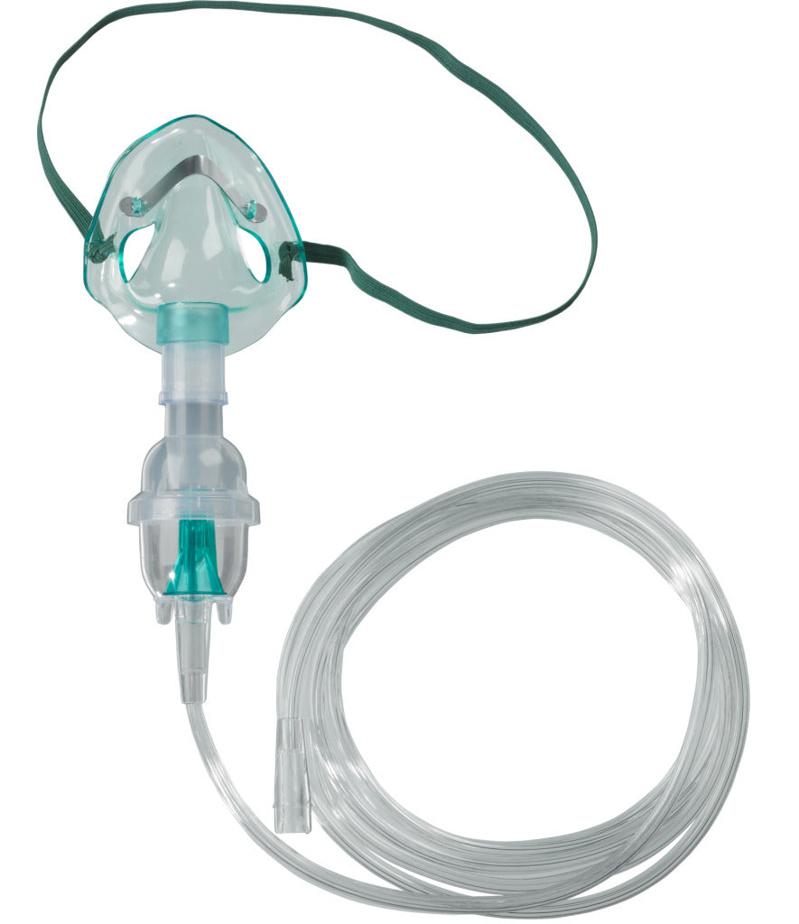 The Drive Nebulizer Mask and Tubing Kit features a pediatric aerosol mask with a green strap, small volume medication cup, and coiled tubing—ideal for delivering respiratory therapy to children.