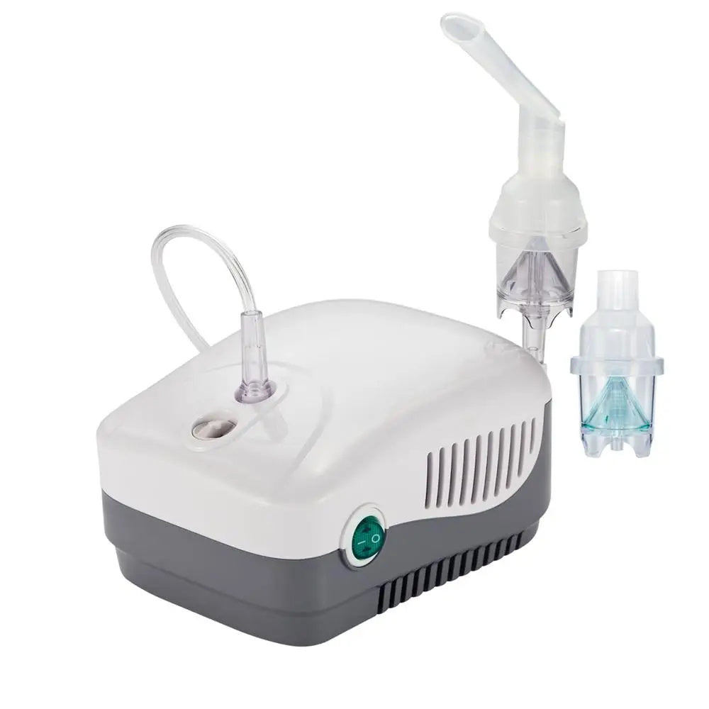 The Drive MEDNEB+ Compressor Nebulizer Kit by Drive features a white and gray design, green power button, clear tubing, and detachable transparent medication and mouthpiece accessories—perfect for respiratory therapy.