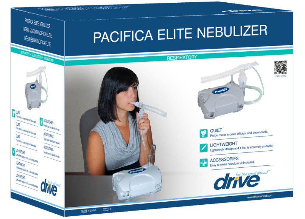 A woman uses the Drive Pacifica Elite Nebulizer Kit with a mouthpiece, as shown on the box. This portable Drive nebulizer features quiet operation, a lightweight design, and accessories for effective respiratory therapy.