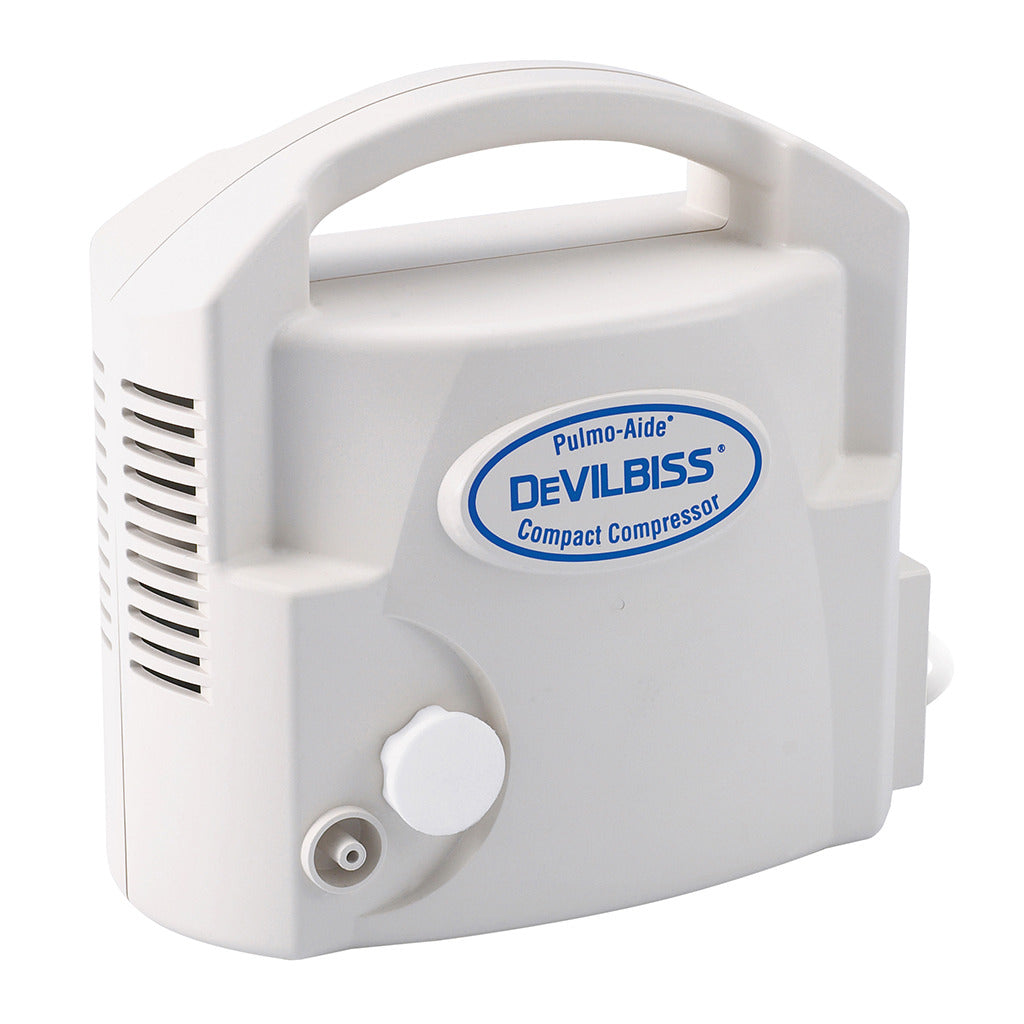 The Drive Devilbiss Pulmo-Aide Compact Compressor Nebulizer System features a white design with handle, vent, and labeled front panel, offering effective respiratory therapy treatments.