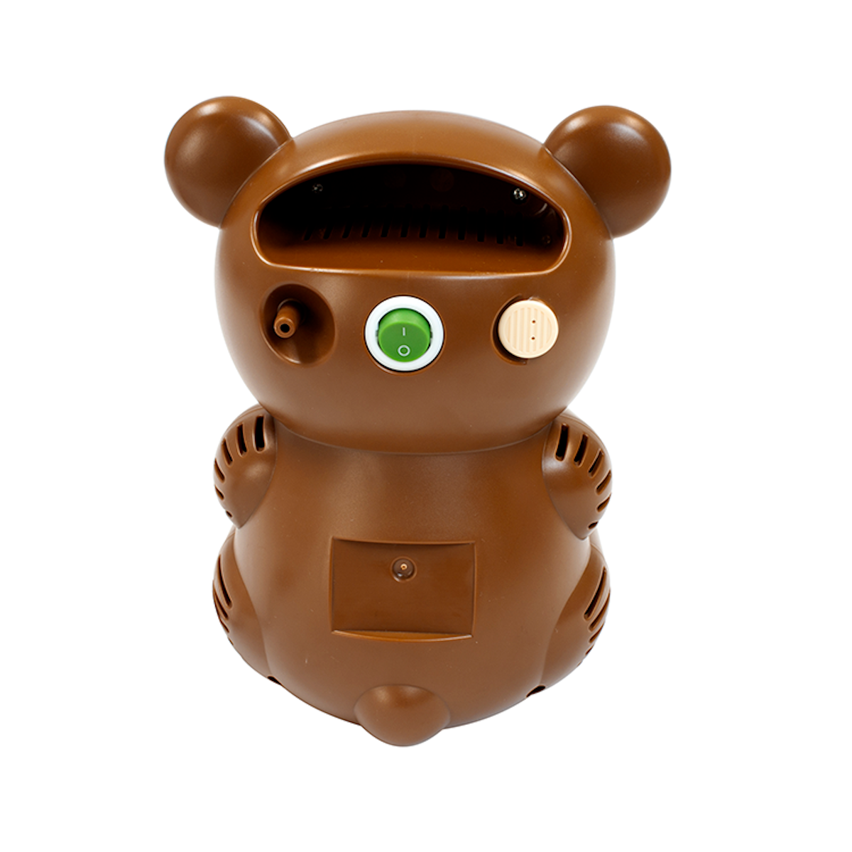 The Dynarex My Bear Pediatric Compressor Nebulizer by Dynarex, shaped like a brown bear with a large mouth opening, green power button, small nozzle, and beige dial on its face, is shown against a white background.