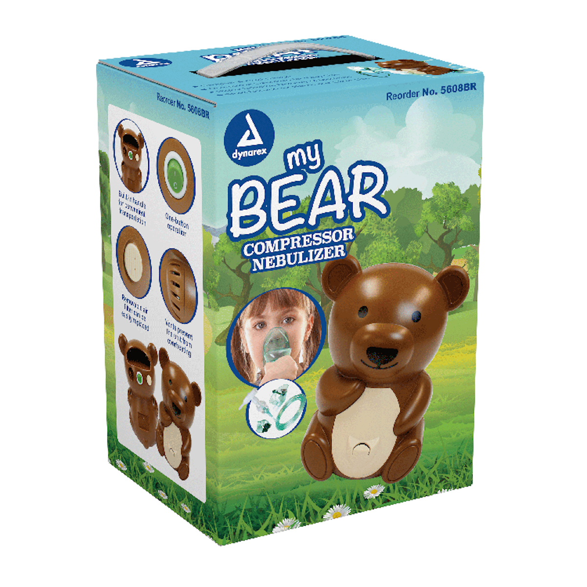 A blue and green box features the Dynarex My Bear Pediatric Compressor Nebulizer, showing a brown bear-shaped childrens nebulizer, product images, and instructions set on a grassy illustrated outdoor background.