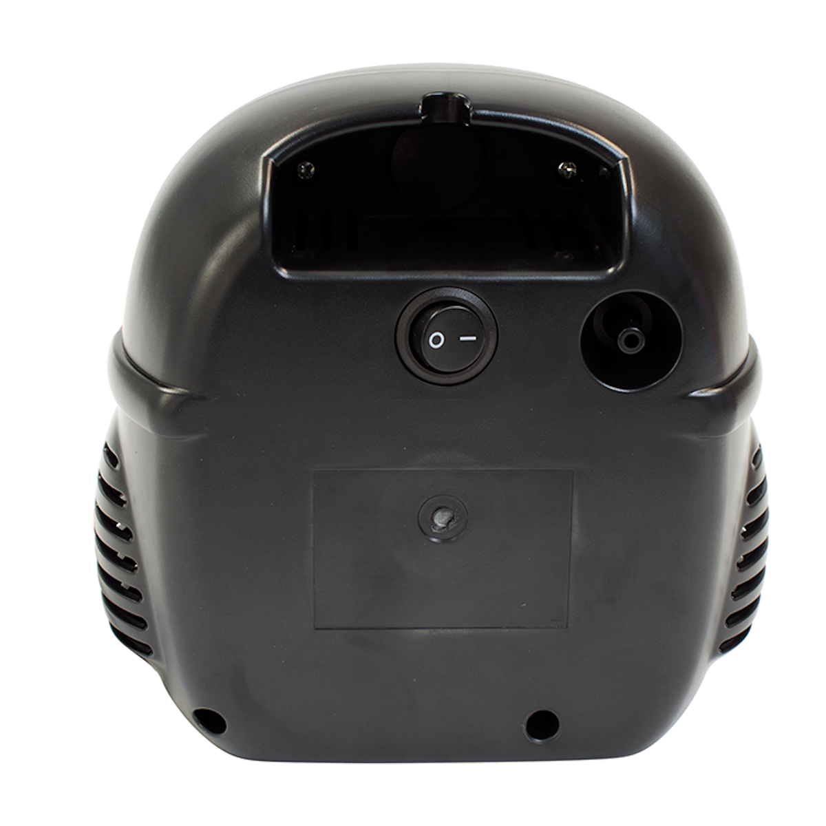 The image shows the back view of the Dynarex My Penguin Pediatric Compressor Nebulizer by Dynarex—a black plastic device with a power switch, circular port, and ventilation slits on the sides—against a white background.