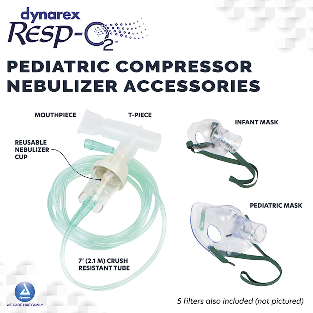 Labeled image of Dynarex My Penguin Pediatric Compressor Nebulizer accessories: T-piece, mouthpiece, reusable cup with 7 crush-resistant tube, infant mask, pediatric mask; note: 5 filters (not shown). Brand: Dynarex.