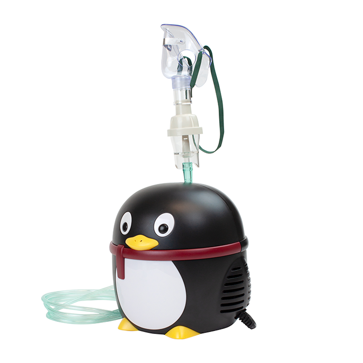 The Dynarex My Penguin Pediatric Compressor Nebulizer by Dynarex features a penguin shape with a red scarf, green tube, and clear mask, making breathing treatments fun and effective for kids against a clean white background.