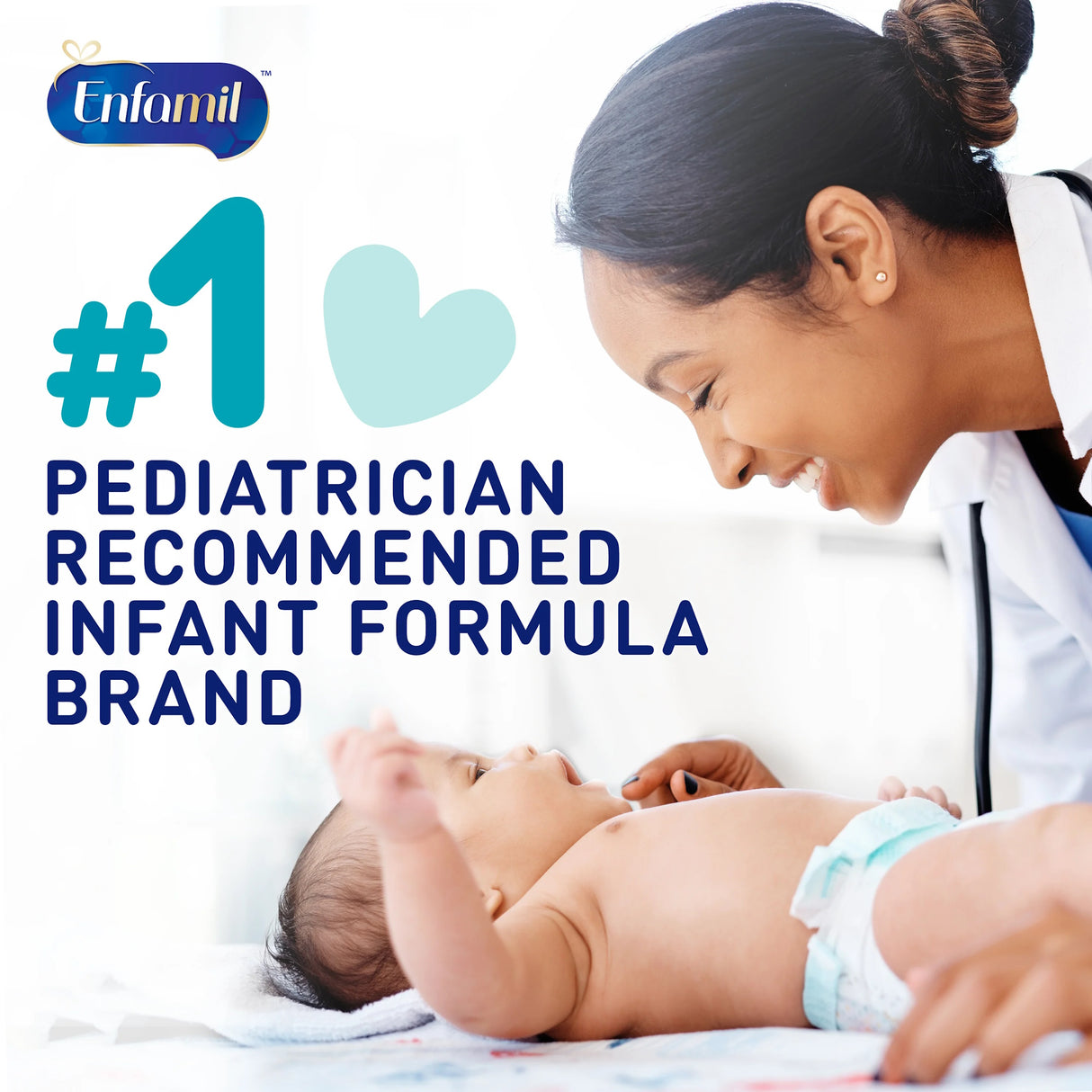 A smiling pediatrician interacts with a happy baby on an exam table. Text: “#1 Pediatrician Recommended Infant Formula Brand.” Enfamil logo and Enfamil NeuroPro EnfaCare Premature Formula, Unflavored, 2oz Bottle appear in the top left corner.