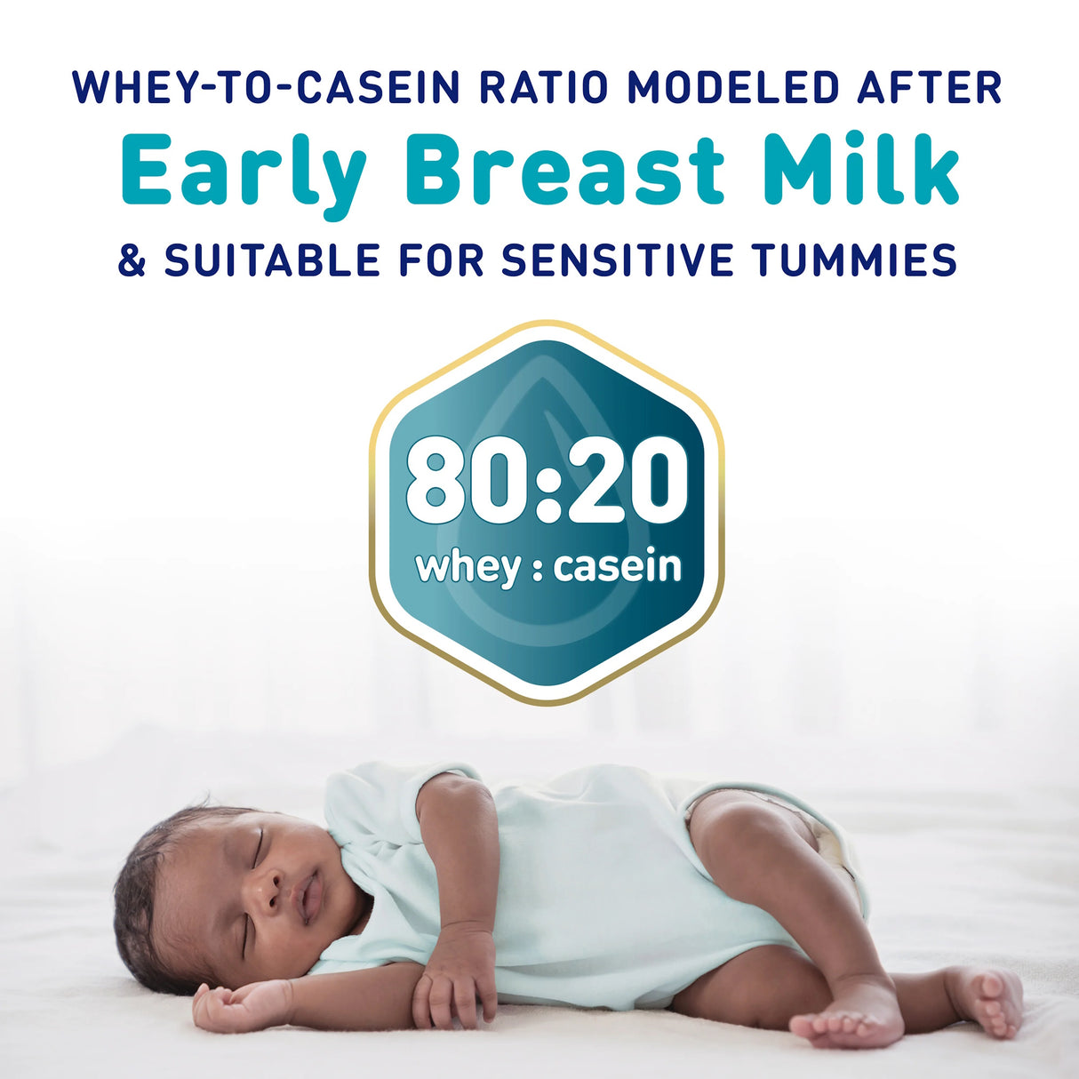 A sleeping baby in a light blue onesie lies on a white surface. Overhead text states: Enfamil NeuroPro EnfaCare Premature Formula, 2oz, has an 80:20 whey-to-casein ratio—modeled after early breast milk and gentle for sensitive tummies.