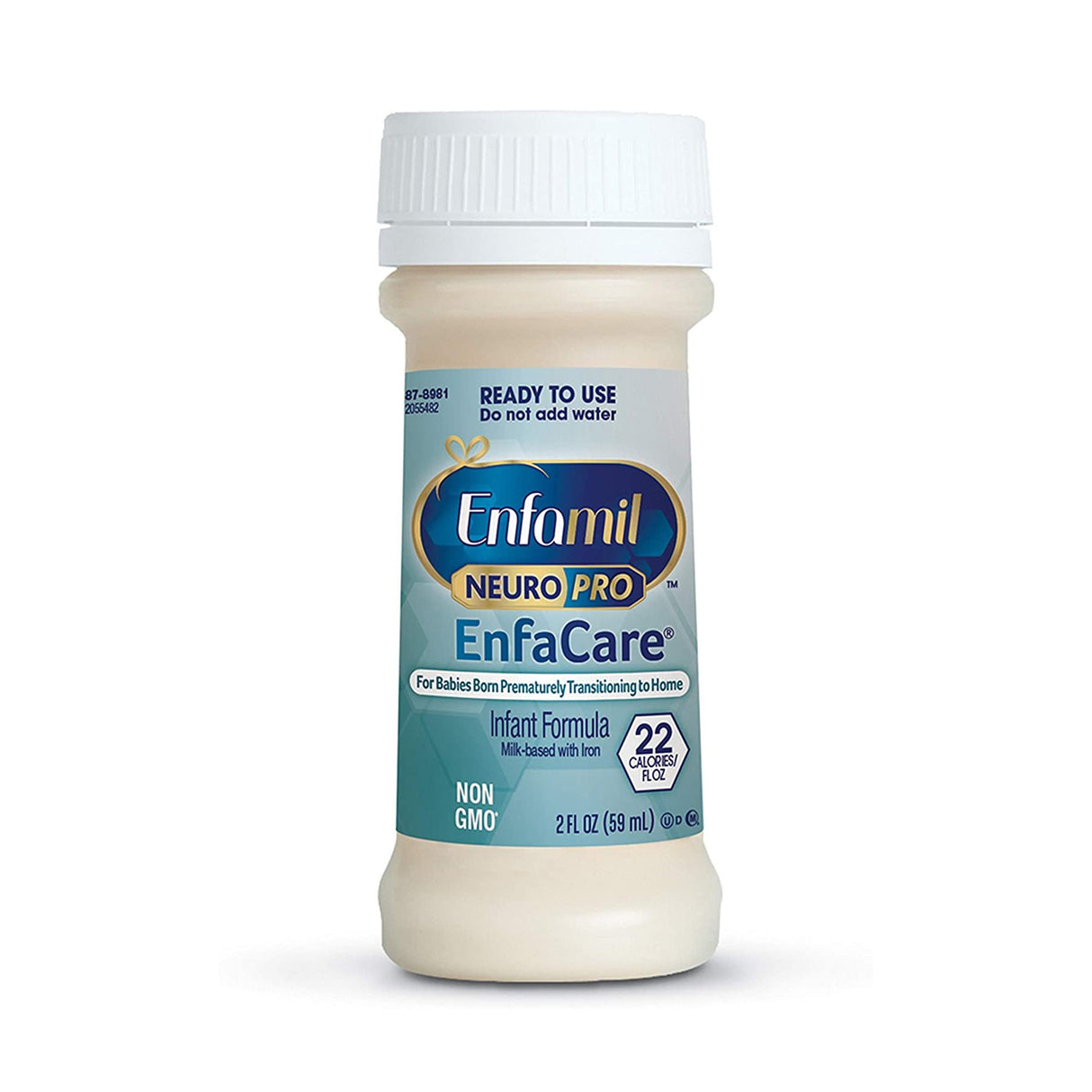 A 2oz bottle of Enfamil NeuroPro EnfaCare Premature Formula, unflavored and ready-to-use, designed for premature babies. Features a white cap, blue label with 22 cal/fl oz, and is non-GMO. Brand: Enfamil.