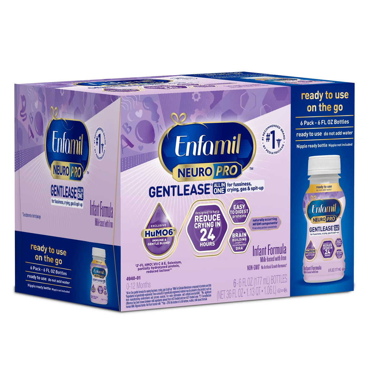 Enfamil NeuroPro Gentlease Infant Formula, Ready to Use 6 oz Bottles, offers easy digestion and brain support, helping reduce crying in newborns and infants within 24 hours.