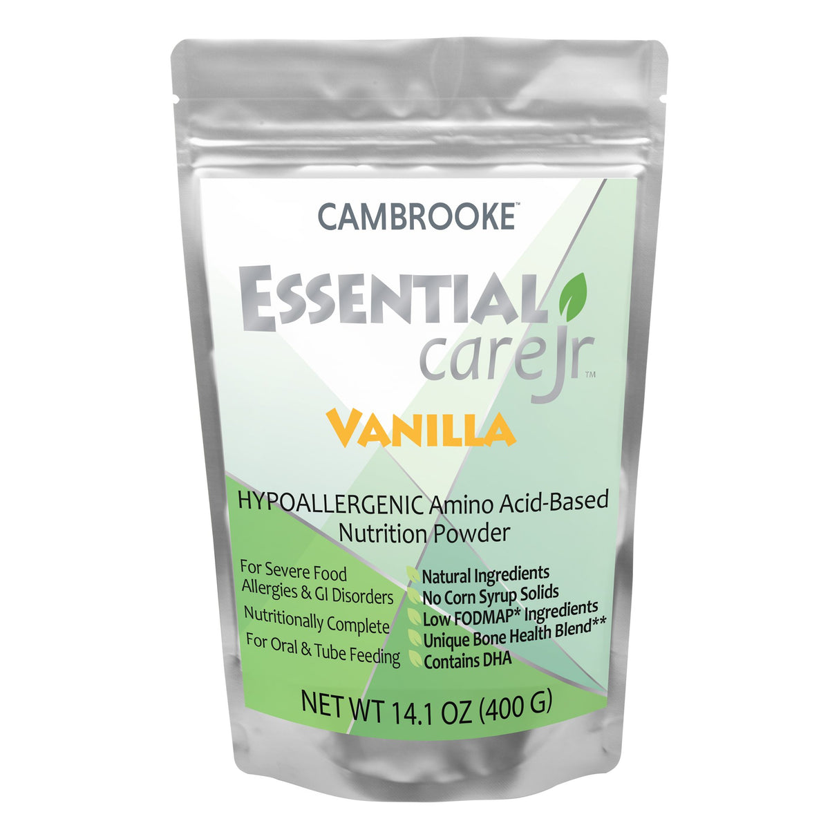 A 14.1 oz (400g) silver pouch of Cambrooke Therapeutics Essential Care Jr Hypoallergenic Amino Acid Based Pediatric Formula, Vanilla, designed for children with severe food allergies and GI disorders.