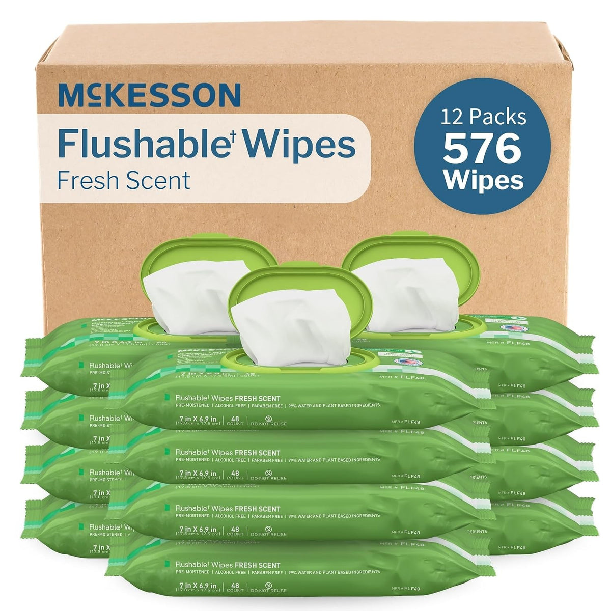 McKesson Flushable Wipes, Fresh Scent, 7" x 6.9"
