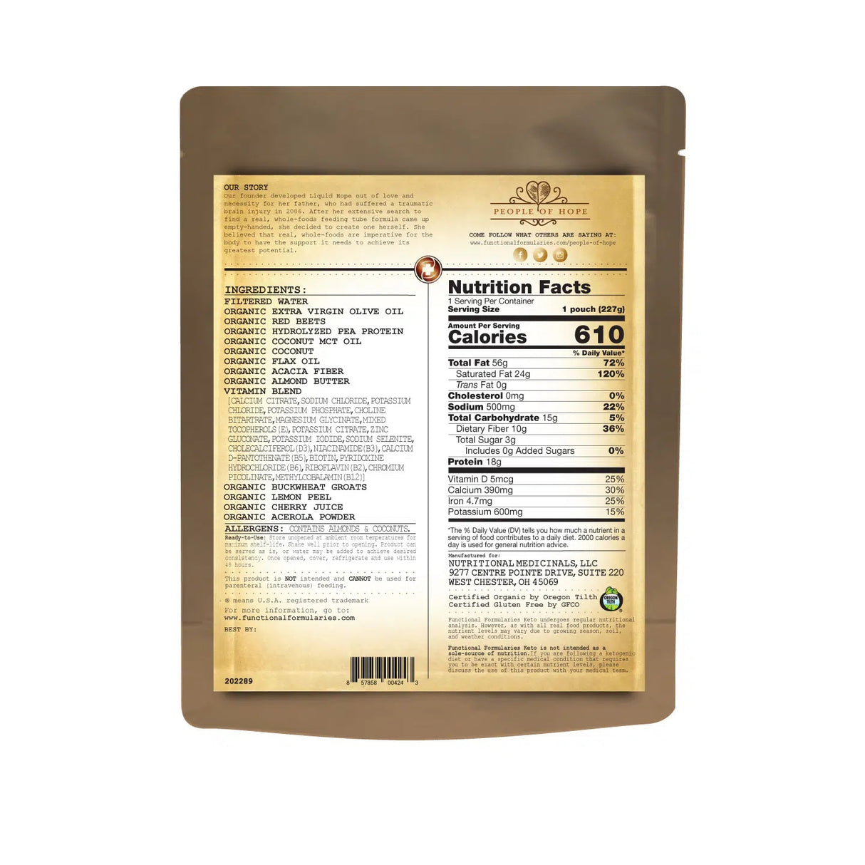 Back of Functional Formularies Keto, Ketogenic Feeding Tube Formula package on beige background shows the ingredient list, nutrition facts, brand story, barcode, and logo. Highlights its organic ketogenic formula for those needing a keto meal replacement.