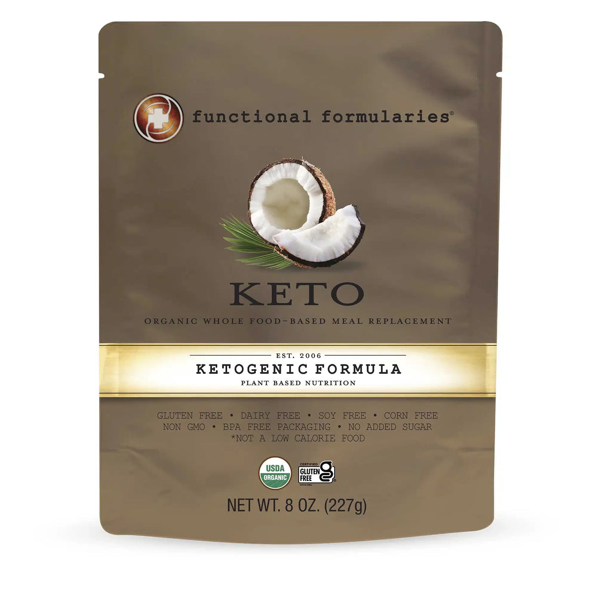 The Functional Formularies Keto, Ketogenic Feeding Tube Formula is an organic, plant-based pouch featuring a coconut image. Its gluten-free, soy-free, and dairy-free—suitable for tube feeding.