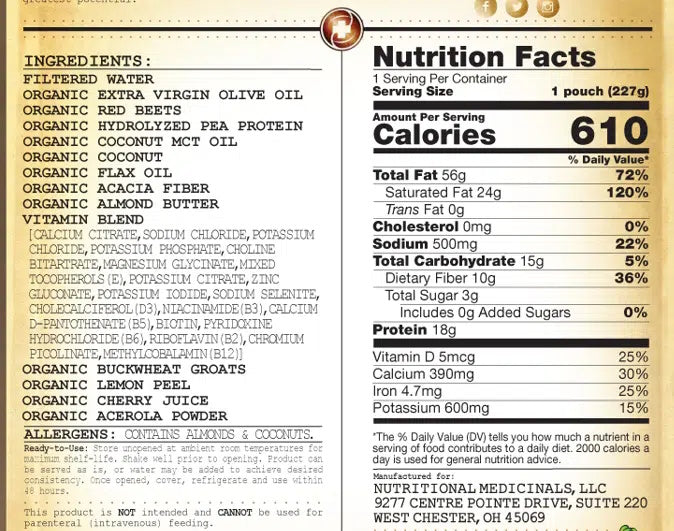 Functional Formularies Keto, a ketogenic feeding tube formula by Functional Formularies, features organic oils, nut butters, pea protein, cacao, minerals, and provides 610 calories, 56g fat, and 11g protein per serving.