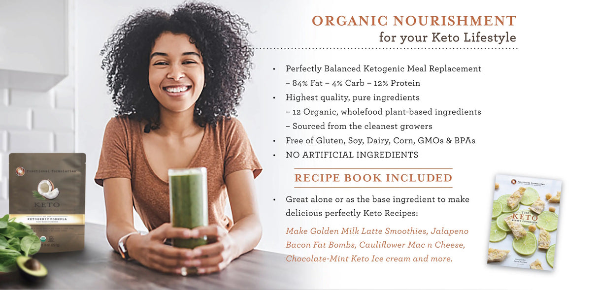 A woman smiles while holding a glass of green smoothie beside Functional Formularies Keto, Ketogenic Feeding Tube Formula and a recipe book with recipes, featuring an organic option for keto meal replacement from Functional Formularies.