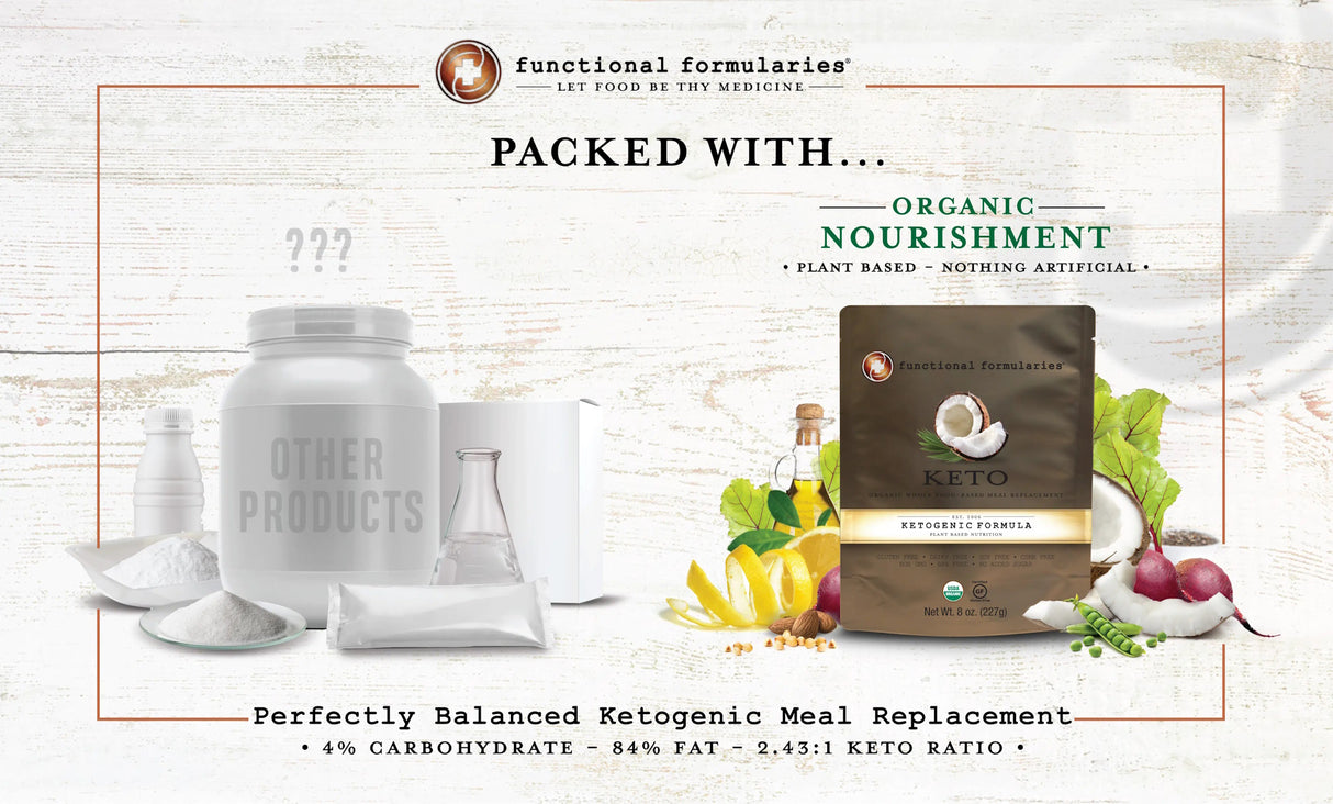 A comparison image with generic supplements on the left and Functional Formularies Keto, Ketogenic Feeding Tube Formula on the right, featuring fresh fruits and vegetables to highlight plant-based ketogenic nourishment.