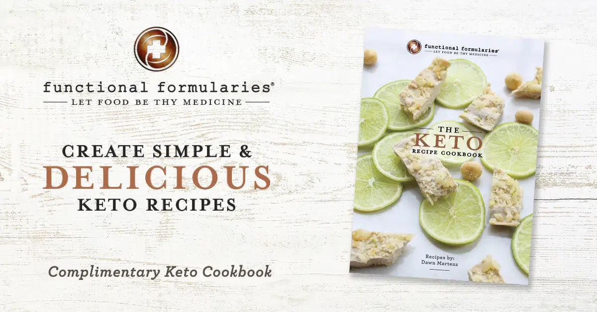 A promotional image for a complimentary keto cookbook features the cover with lime slices and dessert bars, plus text: Create Simple & Delicious Keto Recipes. Includes keto meal ideas using Functional Formularies Keto Feeding Tube Formula.