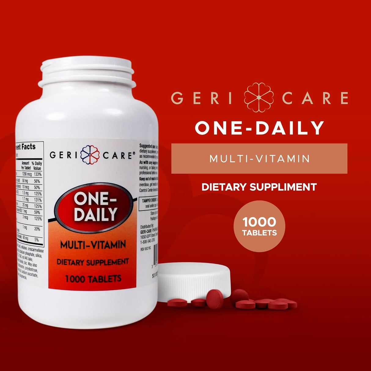A white bottle labeled McKesson Geri-Care One-Daily Multivitamins is shown on a red background, with several multivitamin tablets scattered beside it and product details visible.