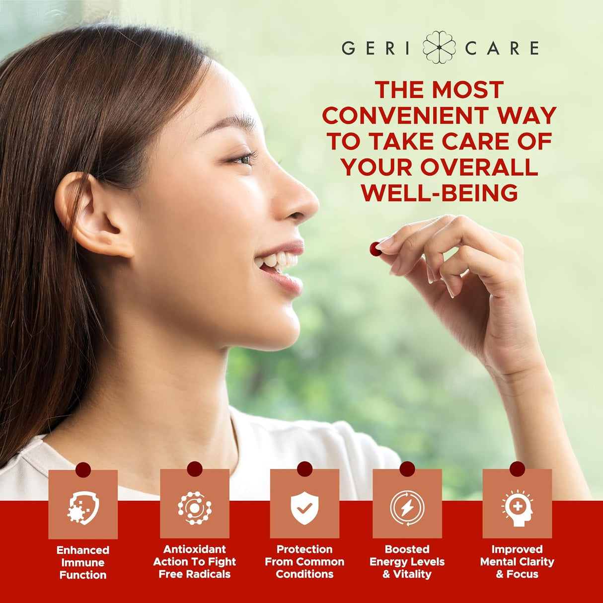 A smiling woman holds a supplement pill near her mouth. Text highlights McKesson Geri-Care One-Daily Multivitamins benefits: supports immune function, provides antioxidants, protects health, boosts energy, and enhances mental clarity.