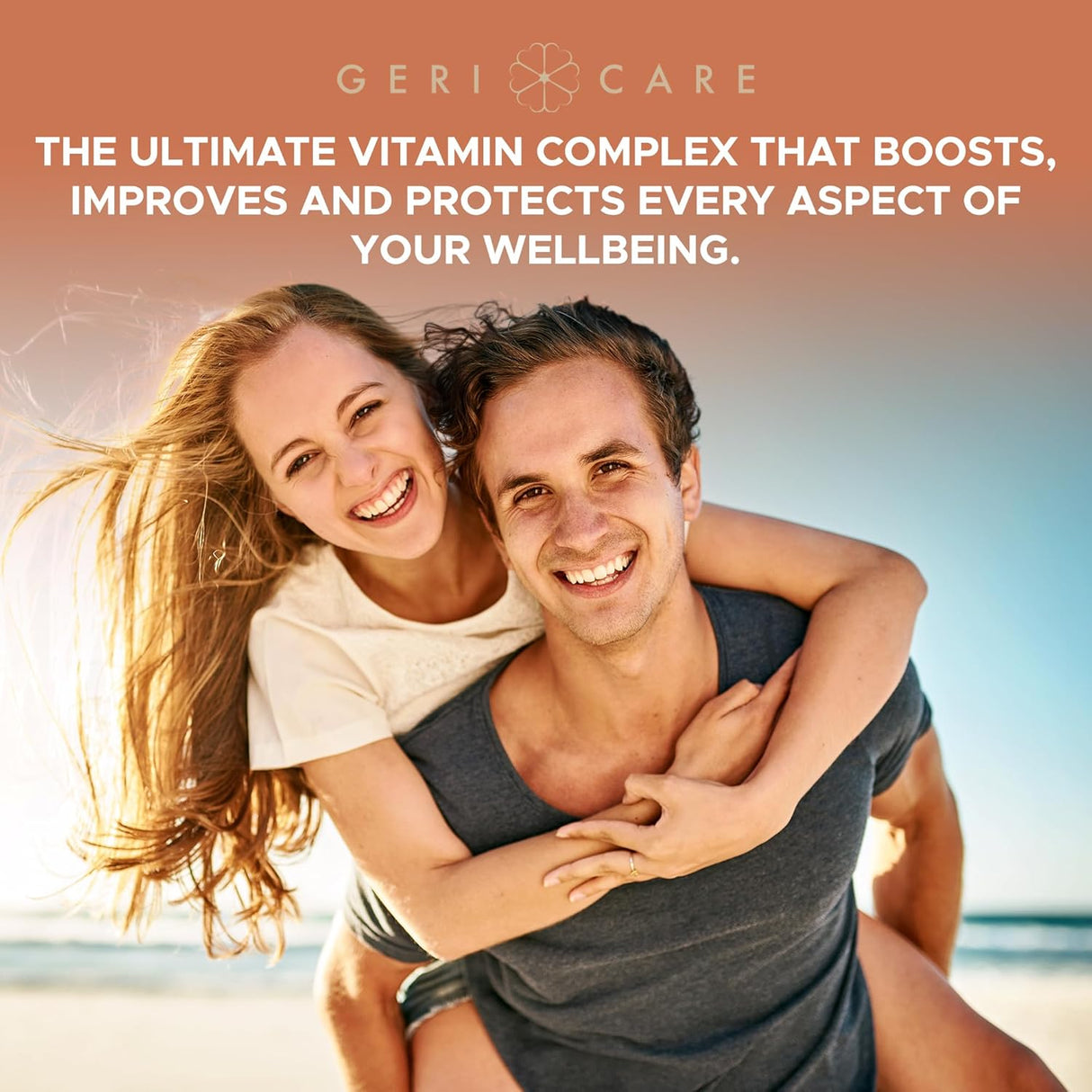 A smiling woman playfully rides on a mans back at the beach. Text above reads: Boost, improve, and protect your wellbeing with McKesson Geri-Care One-Daily Multivitamins—your ultimate one-a-day supplement.
