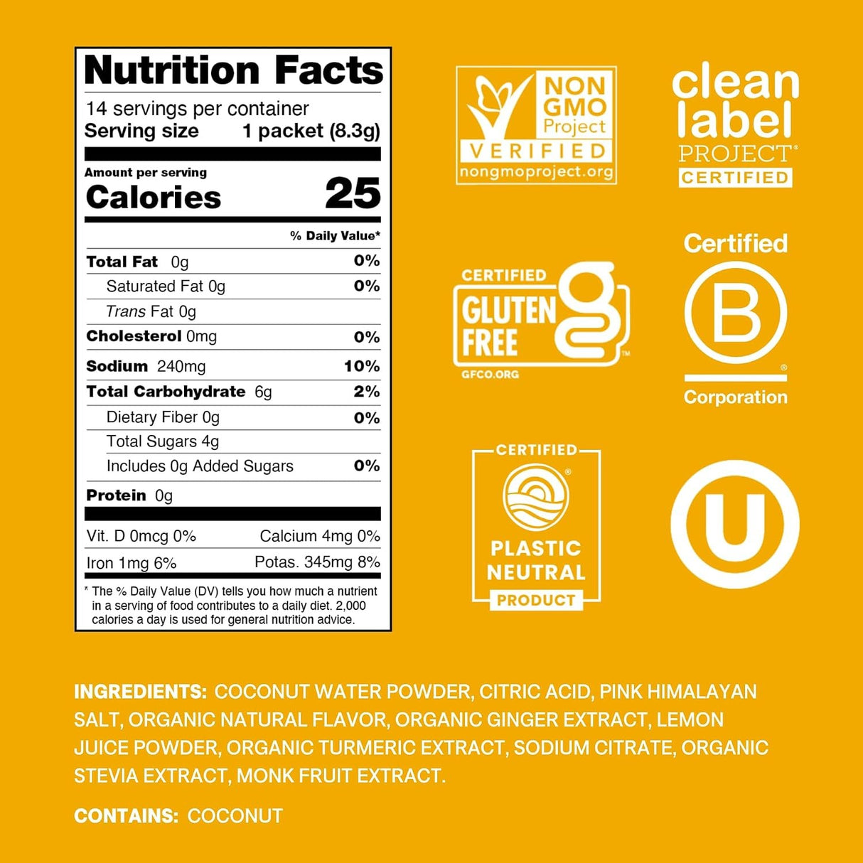 Cure Hydration Electrolyte Drink Powder, Ginger Turmeric, 14 Packets