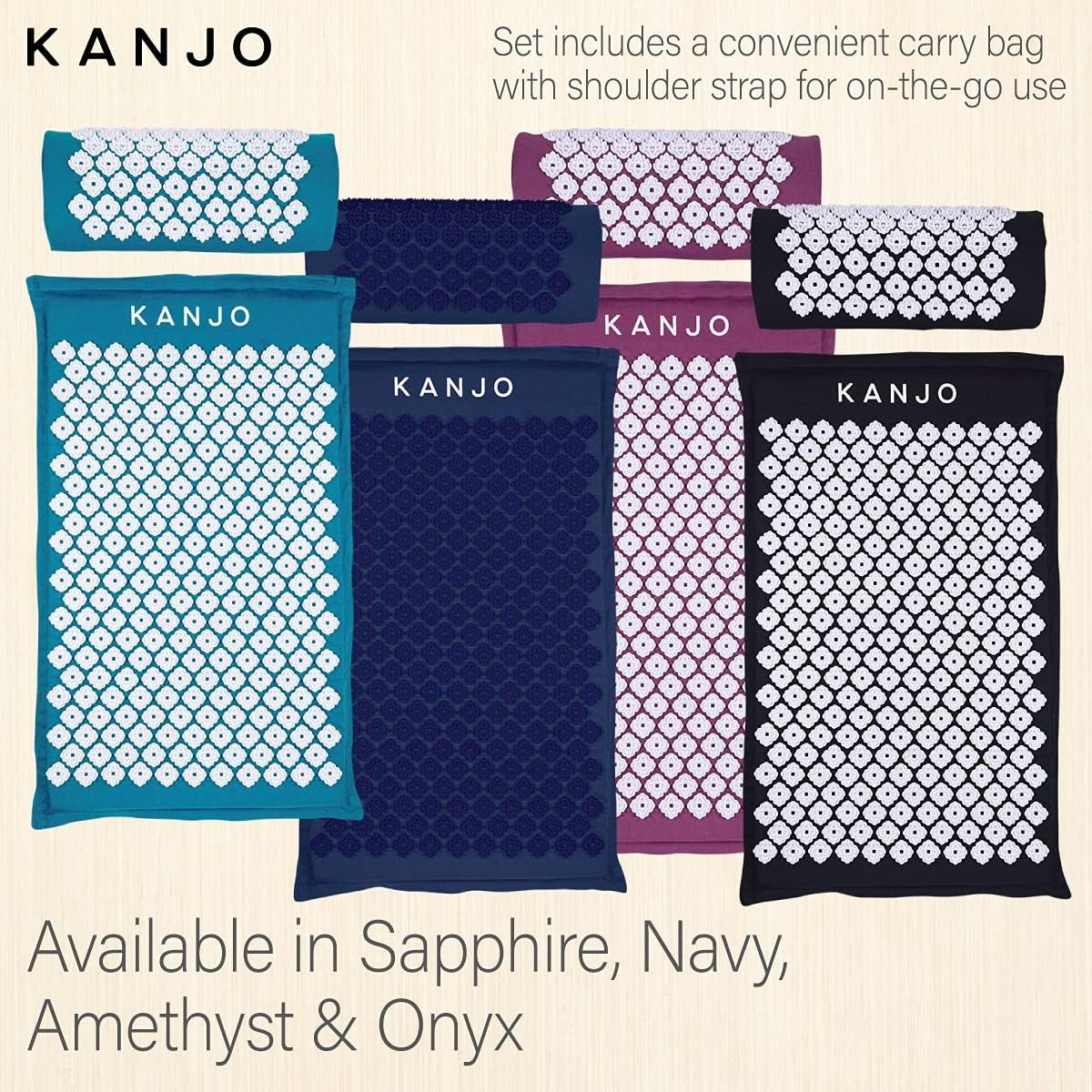 Kanjo Acupressure Mat and Pillow Set, Back Pain Relief, Navy Blue, 17" x 28"